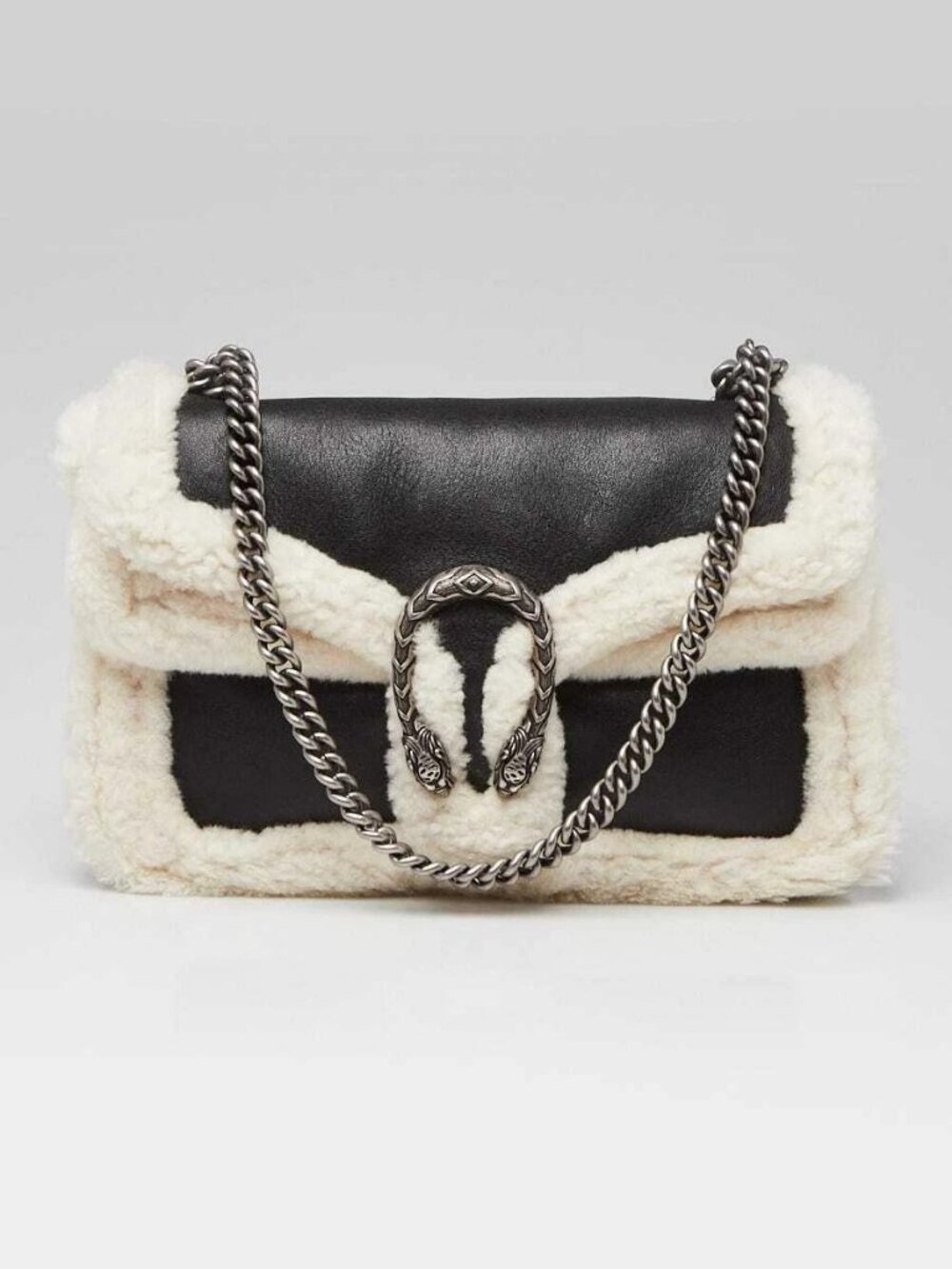 Gucci Black Leather and Shearling Dionysus Medium Shoulder Bag